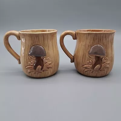 Vintage 1970s Mushroom Artisanal Mugs Cups Set Of 2 Glazed Pottery Signed • $24.97