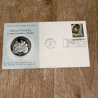 OFFICIAL UNA-USA COMMEMORATIVE MEDAL FIRST DAY COVER 1971 Sterling Silver Proof • $85