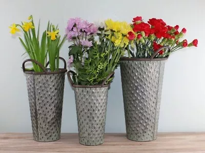 3 X Tall Metal Planters In Green Galvanized Zinc Trough Pots Flower Buckets NEW • £26