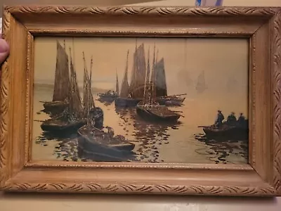 Vintage Print Fleet Of Fishing Boats Asian Framed 14 1/2  X 9 3/4  • $14.95