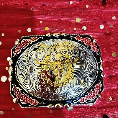 Longhorn Horseshoe  Western Heavy Quality Buckle LARGE SIZE  SILVER / Red Border • $33