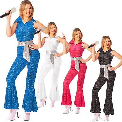 £20.99 • Buy 70s Ladies 1960s Super Trooper Mamma Mia Costume Disco Fancy Dress 70s Jumpsuit