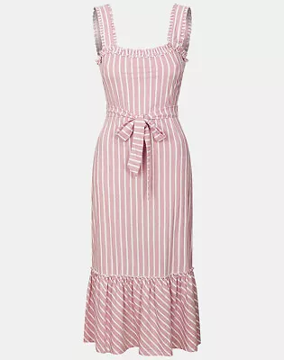 Ex-Warehouse Summer Dress Cottagecore Pink Stripe Belted Frilly UK 8 10 12 14 • £14.99