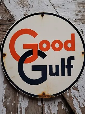 Vintage Good Gulf Porcelain Sign Old Gas Station Service Pump Plate Advertising • $167.25