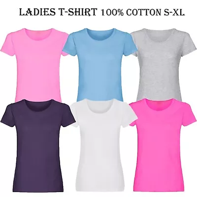 Ladies Plain T-Shirts Cotton Women Crew Neck Coloured Fitted Tee Shirt Printable • £4.49