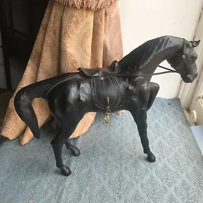 LEATHER HORSE FIGURE  13.5'' Realistic Stuffed Model Hand Crafted With Tack Old • £10