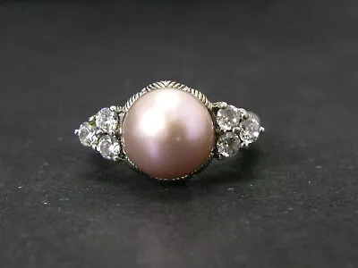 Estate Sterling 9.5mm Pearl & CZ Judith Ripka Cable Ladies Ring 5.4g I14129 • $55.30