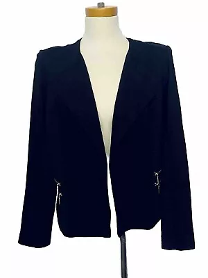Chico's Women Black Gold Double Zipper Pockets Textured Open Front Blazer 1 (M) • $22.99