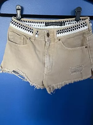 PS Erin Wasson Womens 25 Boho Distressed High Rise Beige Denim Festival Shorts • $11