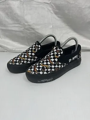 Ed Hardy Slip On Loafers Tiger Canvas Womens Sz 7.5 Checkerboard White Black • $34.95