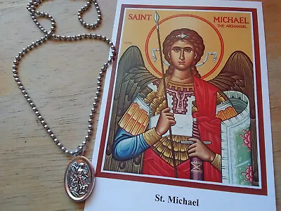 Archangel St Michael +Guardian Angel Medal Stainless Steel Necklace +prayer Card • $10