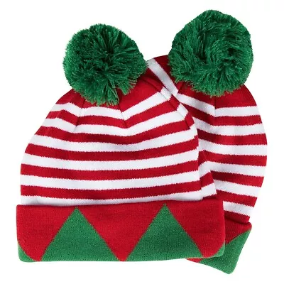 2 Pack Christmas Elf Hats For AdultsStriped Holiday Beanies With Green Pom Poms • $16.99