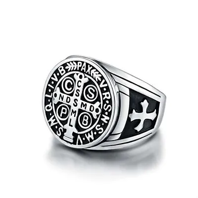 Mens Catholic St Saint Benedict Cross Ring Stainless Steel Exorcism Medal • $9.79
