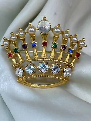 Vintage Crown Pin Brooch Gold Tone Colorful Stones Faux Pearls • $19.99