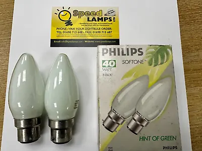 2 X Candle Lamps Softone Hint Of Green Philips 40w Bc 240v Dimmable • £9.95