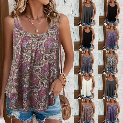 Women Holiday Beach Strappy Vest Tank Ladies Floral Printed Pullover Ruffle Cami • £8.59