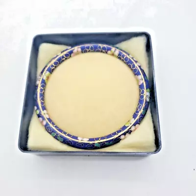 Vintage Asian Cloisonne Royal Blue Enamel Flowers Bangle Bracelet Gold Band Line • $28.95