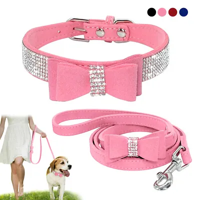 £4.79 • Buy Bow Tie Suede Leather Rhinestone Dog Collar And Lead Set For Cat Puppy Small Pet
