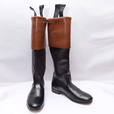 18th Century Long Cuffed/ridding Boots French Black/ Brown Real Leather Cuff-WLC • $87.03