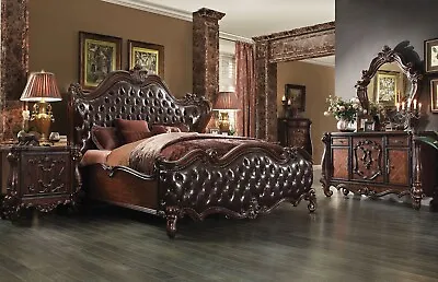NEW Traditional 5 Piece Queen King Bedroom Set In Cherry Oak & Faux Leather IAA5 • $7789.71