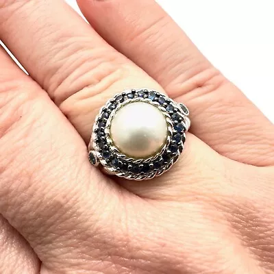 Judith Ripka Womens Ring Sterling Silver White Pearl Sapphire Size 9 Gift Idea • $109.99