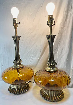 RESTORED Pair Mid-Century MURANO* Italian Glass Amber Optic & Brass Table Lamps • $499