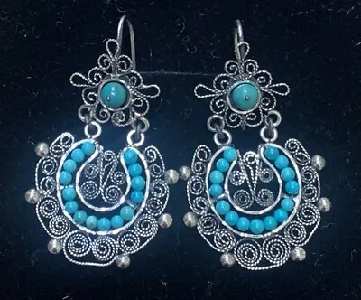 Mexican Oaxacan Sterling Silver Turquoise Filigree Frida Earrings • $118