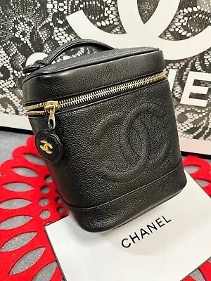 $730 • Buy CHANEL CC Logo Vanity Hand Bag Caviar Black Leather Gold France Vintage JPN 451