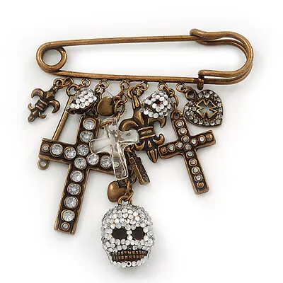 'Crosses Hearts & Skulls' Charm Safety Pin Brooch In Bronze Finish Metal - • £28