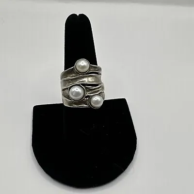 Hagit Gorali HG Israel 925 Sterling Silver Triple Pearl Statement Ring Size 8.25 • $60
