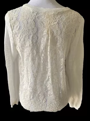 CAbi Sophia Feminine Sweater Cream Cotton Lace Back Lightweight Pullover S • $10.50