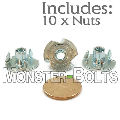 #10-32 X 5/16  - Qty 10 - 3 Prong Tee Nut Straight Barrel Zinc Plated T-Nut • $5.34