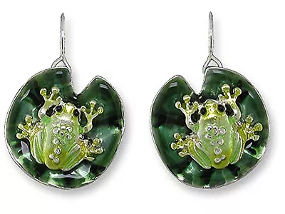 Frog On A Lily Pad Ultrafine Enamel Dangle Earrings By Zarah • $24.99