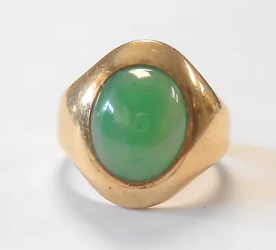 Vintage 12.5x10.5 Green Jadeite Cabochon 14K Yellow Gold Wide Ring Size 8.5 • $599