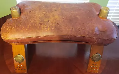 Tooled Leather & Wood Vintage Ottoman With Egyptian Theme • $81