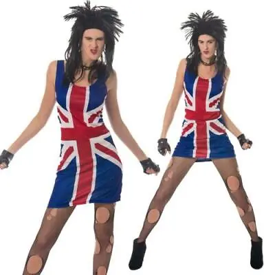 British Rock Star 80s 90s Woman's Fancy Dress Costume Union Jack Dress Wig  • £19.99