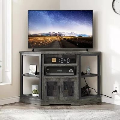 Grey TV Corner Stand Farm House Entertainment Power Console Center Outlet Wood • $130.62