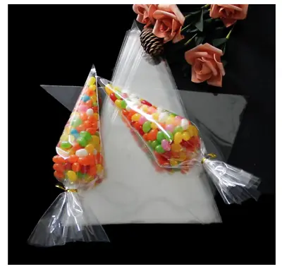 100 X LARGE CLEAR CELLOPHANE CONES BAGS FOOD Favour SWEET CANDY KIDS Party • £3.89