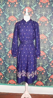 Vintage 70's 80's Blue Floral Lanvin Long Sleeve Secretary Dress • $37.49