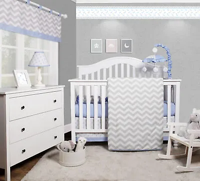 5 PCS Bumperless Blue Grey Chevron Baby Boy Nursery Crib Bedding Sets OptimaBaby • $41.99