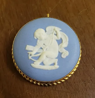 Wedgwood Blue Jasperware Gold Filled Cupid Cameo Brooch Or Pendant VTG Signed • $39.99