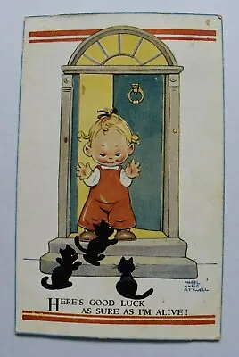 Postcard Comic Humour Girl With Black Cats Posted 1947 Valentines MABEL ATTWELL • £6