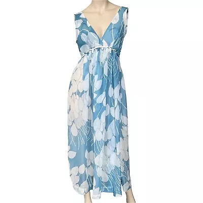 Vintage Eve Stillman Maxi Dress Sheer Blue White Floral Print V Neck Size Small • $74.95