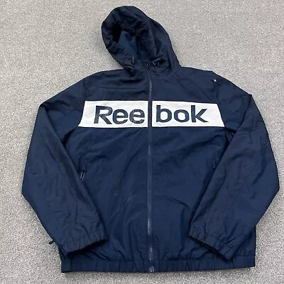 Reebok Jacket Men Large Blue White Windbreaker Warm Up Track Suit Coat Spell Out • $19.91