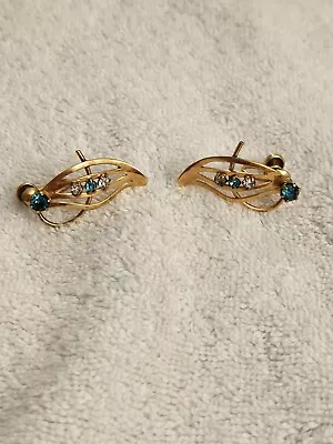 Vintage 1/2c 12k Gold Filled Aqua Rhinestone Screwback Earrings • $12.99