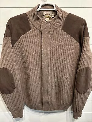 Cabelas Outfitter Series Full Zip Brown Wool Cardigan Sweater Elbow Patch XL • $45.95