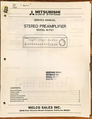 Mitsubishi M-P01 Preamp / Preamplifier  Service Manual *Original* • $19.97