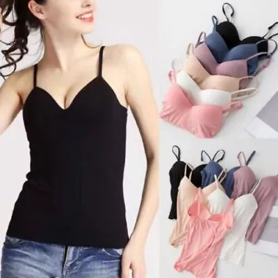 Womens Camisole Tops With Built In Bra Ladies V Neck Vest Padded Slim Tank Tops • £5.59