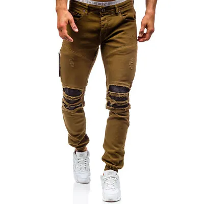 Mens Retro Washed Denim Frayed Ripped Trousers Patch Pleated Skinny Jeans Pants • $53.98