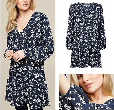 Ladies Floral Tunic Dress Dorothy Perkins Navy White Long Sleeved Tiered NEW • £8.99